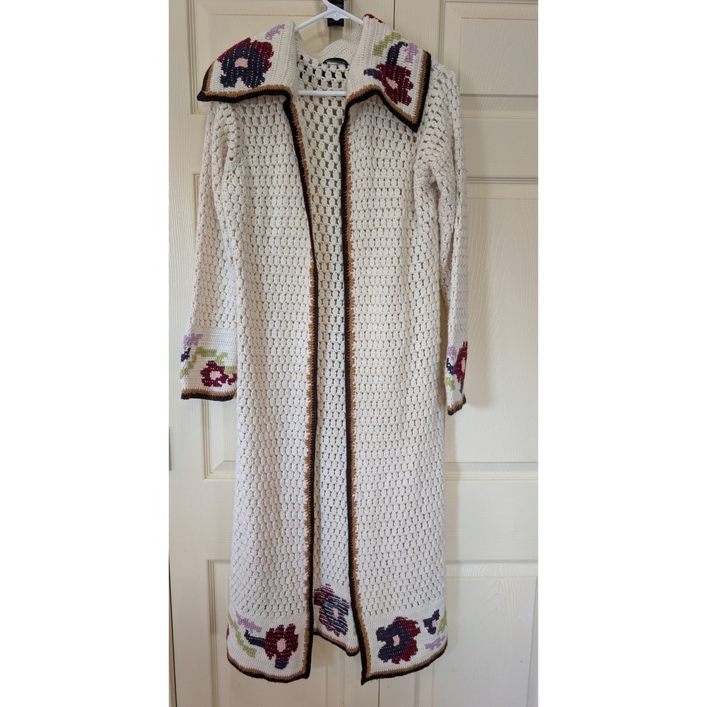Moda International Vintage Boho Crochet Floral Maxi Duster Cardigan Cream M
